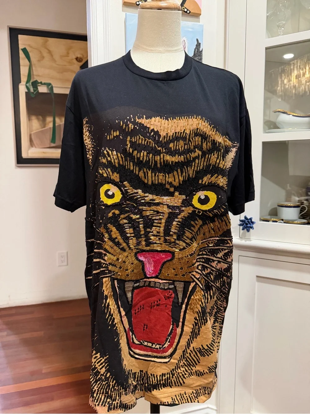 Gucci Black Tee with Large Beaded Tiger Face Graphic